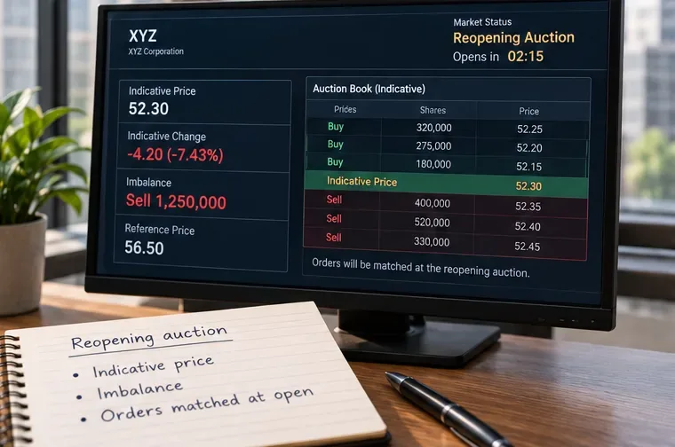Monitor showing a reopening auction with an indicative price, sell imbalance, countdown, and an indicative auction book.