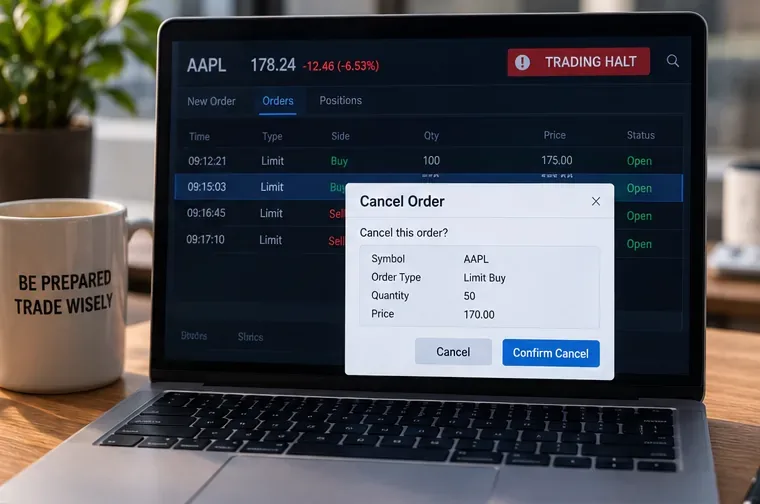 Laptop showing an AAPL trading halt and a cancel-order confirmation for a resting limit order.