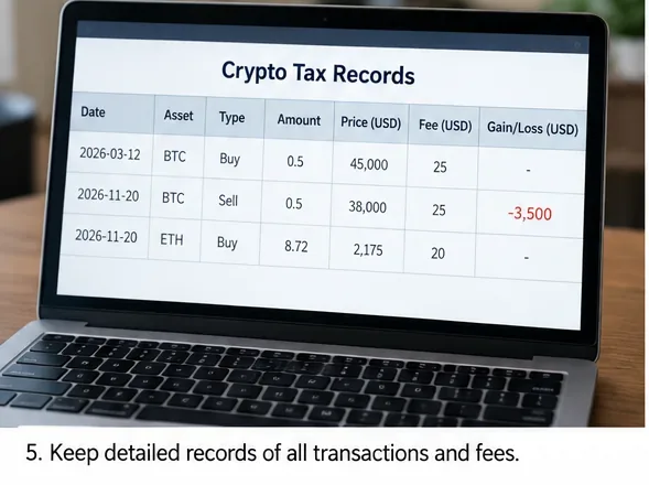 Laptop mit Anzeige einer Tabelle mit Kryptosteuerdaten, einschließlich Anschaffungs- und Verkaufsdaten, Gebühren und realisiertem Gewinn oder Verlust