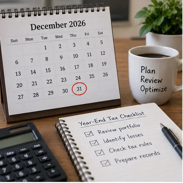 Ein Kalender für Dezember 2026 neben einer Checkliste für die Kryptosteuer zum Jahresende, einem Taschenrechner, einem Notizbuch und Kaffee.