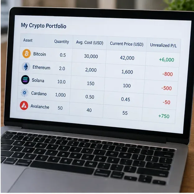 Laptop mit einer Krypto-Portfolio-Tabelle, die Anschaffungskosten, aktuelle Kurse, Gewinne und nicht realisierte Verluste anzeigt.